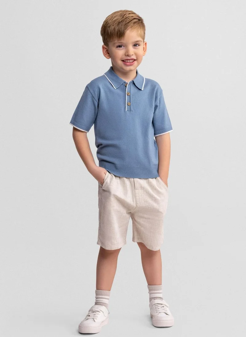 MINOTI Boys knitted light blue polo shirt and beige linen cotton shorts set 3m-7y